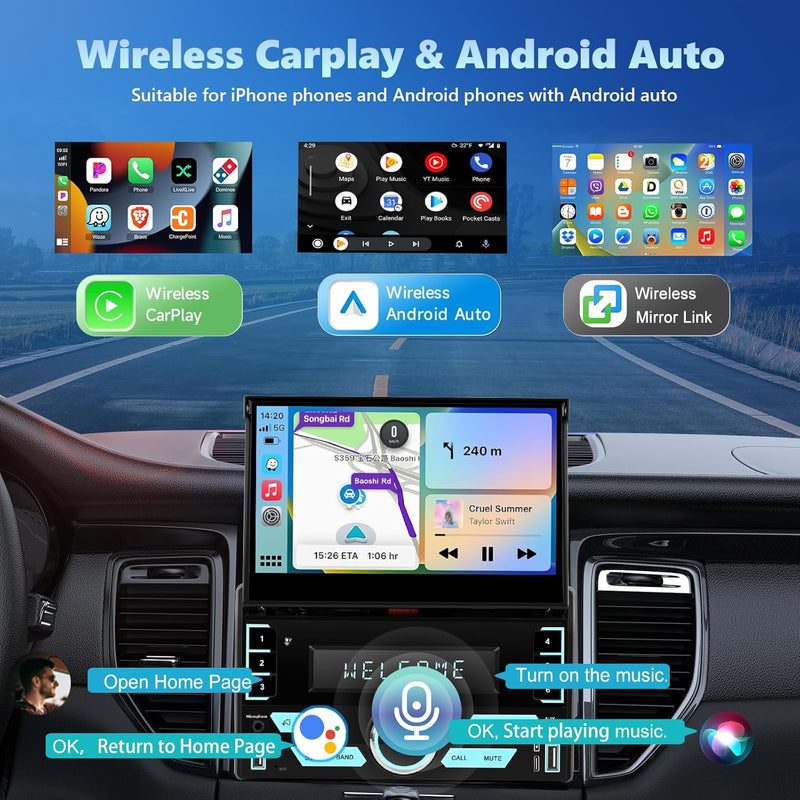 [2+64G] Podofo 2DIN Autoradio mit Wireless Carplay Android Auto, 7 Zoll Android 13 ausfahrbares Disp