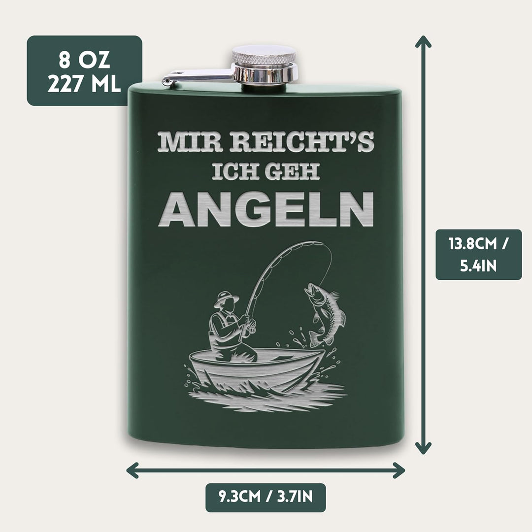 Flanacom Flachmann aus Edelstahl 227 ml (8oz) – Angeln &amp; Fischer Design – inkl. Trichter – Auslaufsi