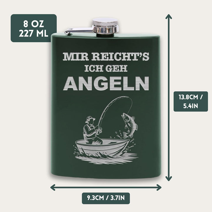 Flanacom Flachmann aus Edelstahl 227 ml (8oz) – Angeln &amp; Fischer Design – inkl. Trichter – Auslaufsi