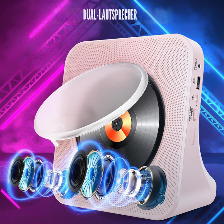 Tragbarer CD-Player für Zuhause, HoneTeek persönlicher CD-Player mit Bluetooth, Lautsprecher, Musik-