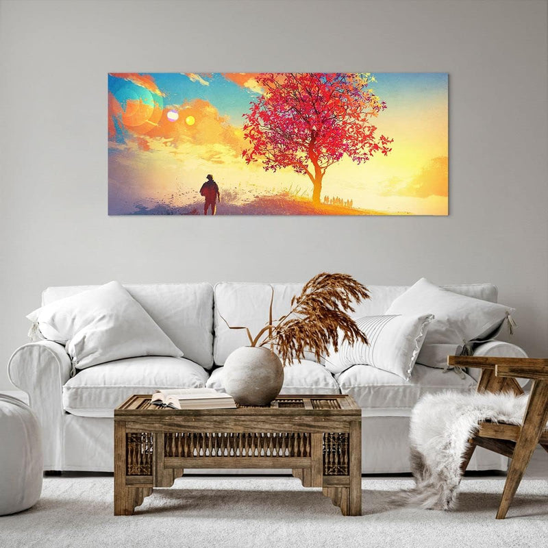 Wandbilder Dekoration Wohnzimmer Baum Wiese Feld Panorama Bilder auf Leinwand 120x50cm Leinwandbild