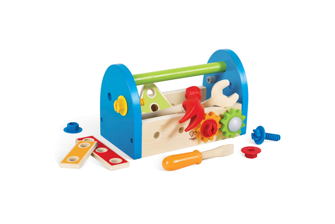 Hape Werkzeugkasten - aus Holz mit Zubehör, farbenfrohe Werkbank Hammerspielset für Kinder, Motorik-