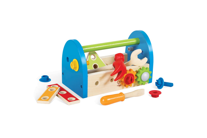 Hape Werkzeugkasten - aus Holz mit Zubehör, farbenfrohe Werkbank Hammerspielset für Kinder, Motorik-