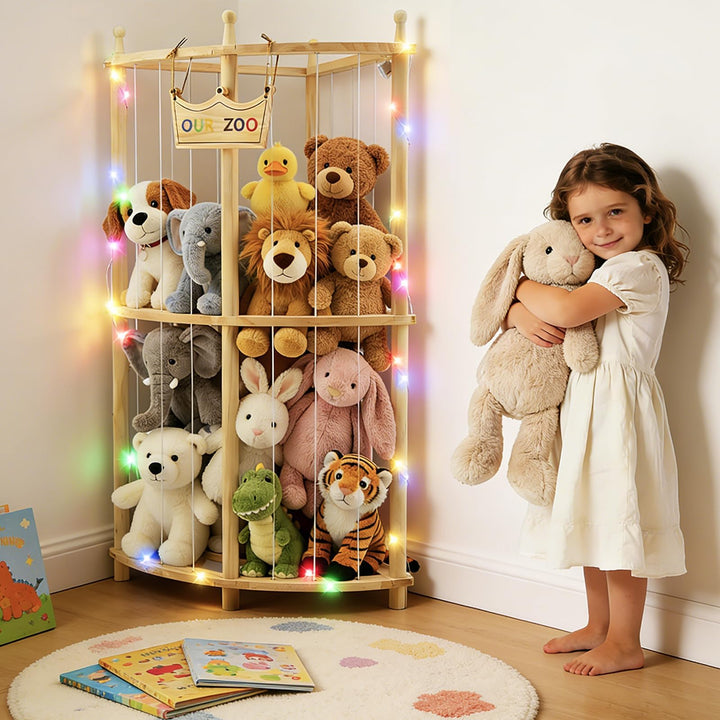 Eck Kuscheltier Aufbewahrung 2-stöckig aus Massivholz mit LED-Licht, 96×44×44cm Plüschtier Organizer
