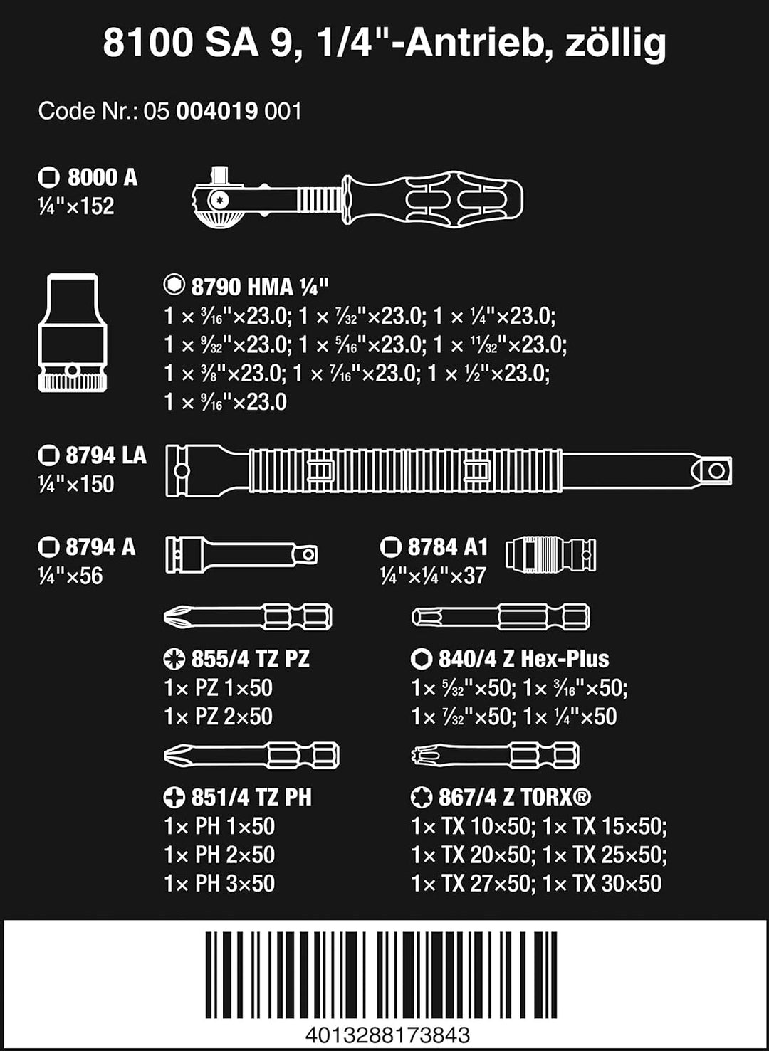 Wera 8100 SA 9 Zyklop Speed-Knarrensatz, 1/4 Zoll-Antrieb, zöllig, 28-teilig, 05004019001 1/4 Zoll z
