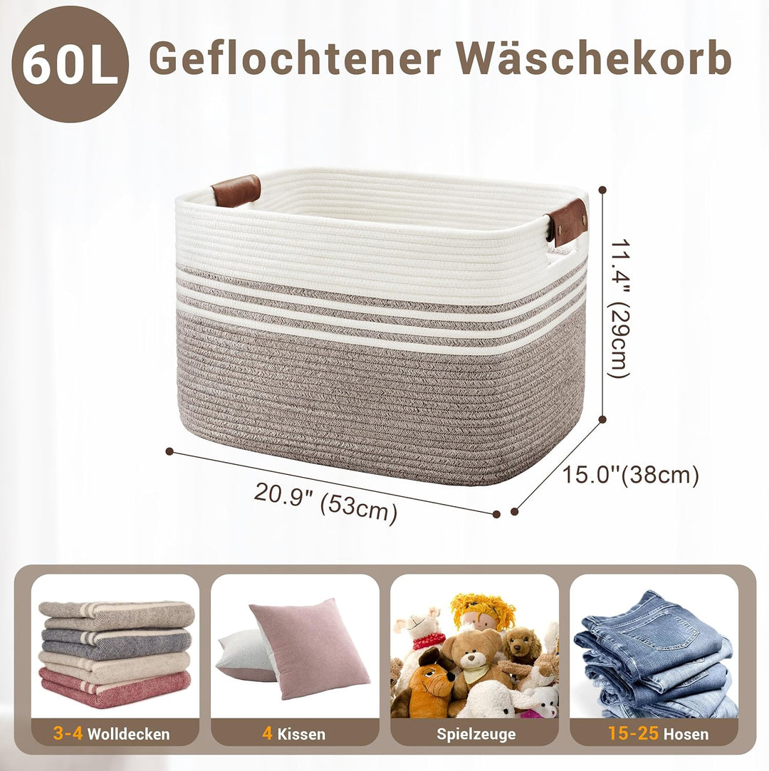 60L grosser Wäschekorb geflochten mit Lederhenkeln, Weiss-Dunkelbraun | Faltbarer Aufbewahrungskorb