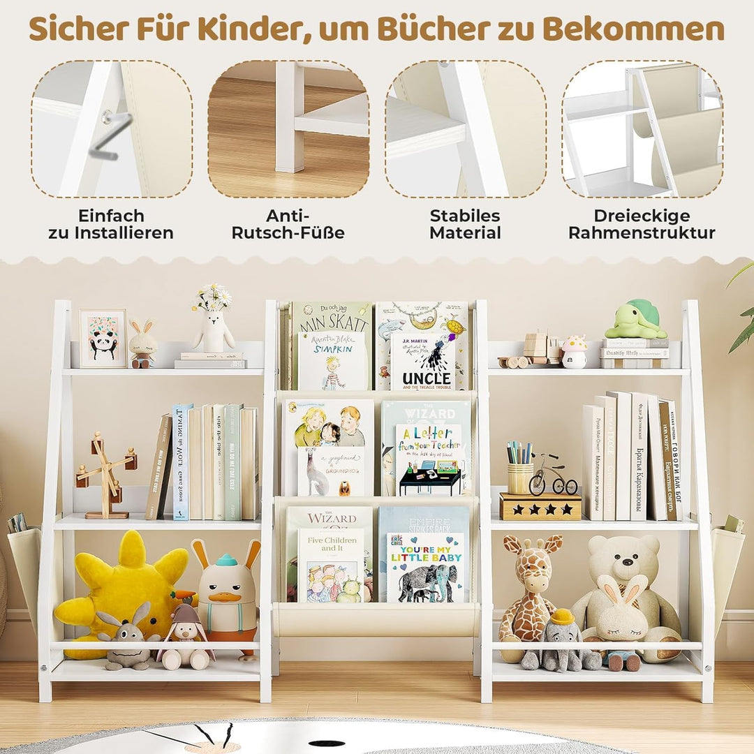Kinder Bücherregal Mit 6 Fächern und 3 Ablagen | Spielzeugregal in Weiss | 127x72 cm Grosses Bücherr
