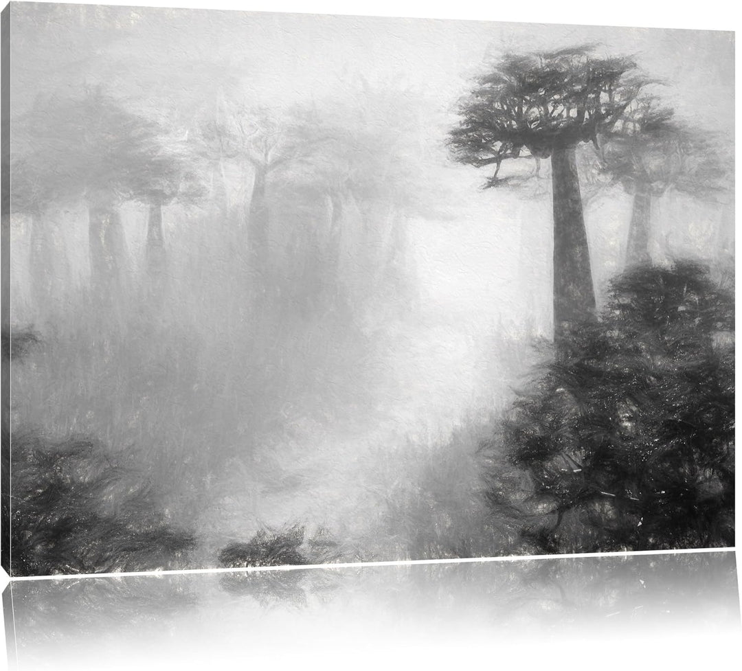 Pixxprint Mysteriöser Wald im Nebel Kohle Zeichnung Effekt, Format: 100x70 auf Leinwand, XXL riesige