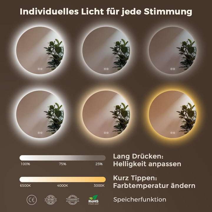 S'AFIELINA Badspiegel Rund 70cm Badezimmerspiegel mit Beleuchtung Dimmbar LED Badspiegel Rund mit To