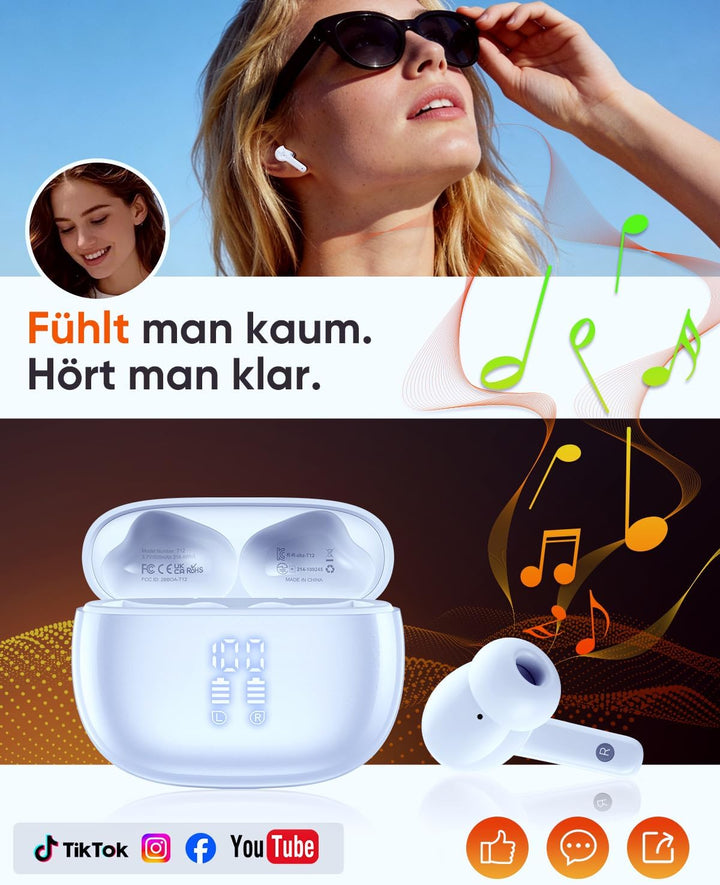 ZIUTY Kabellose Bluetooth Kopfhörer 5.3, In Ear Kopfhörer mit 4 ENC Mikrofonen, 48 Std Akkulaufzeit,