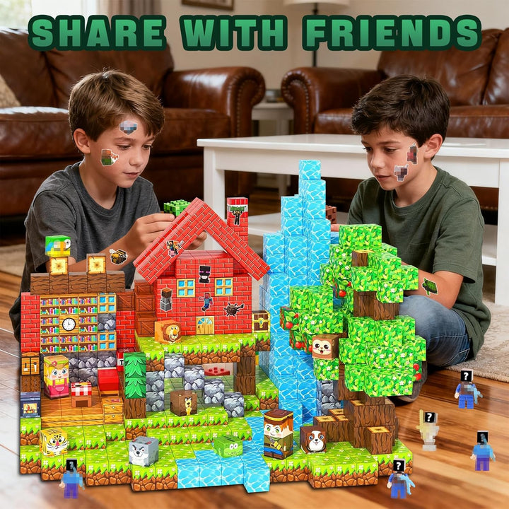 Magnetische Bausteine 120 Magnetblöcke mit 5 Minifiguren, 10 Aufklebern, Pixel Blocks Design, Kreati
