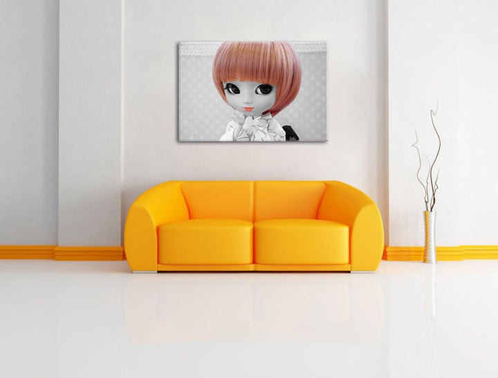 hübsche Puppe im traditionellen Kimono schwarz/weiss auf Leinwand, XXL riesige Bilder fertig gerahmt