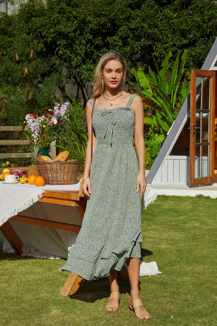 GRACE KARIN Damen langes Blumenkleid Ärmellos Spaghettiträger Freizeitkleid Böhmisch Maxikleid Stran