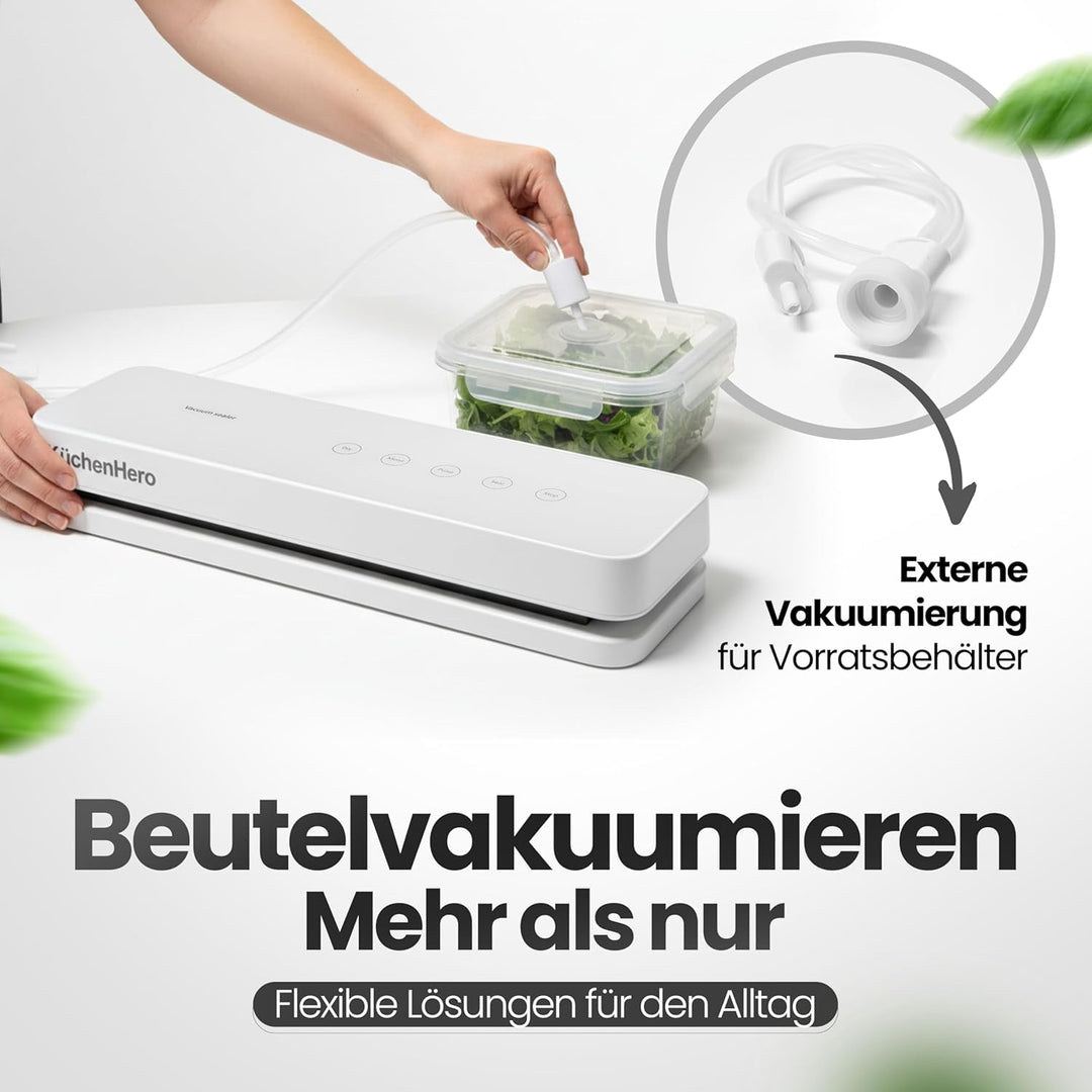 Vakuumierer mit Glasoberfläche & Touch – Premium Vakuumiergerät Weiss – Inkl. 10 Beutel & Schlauch –