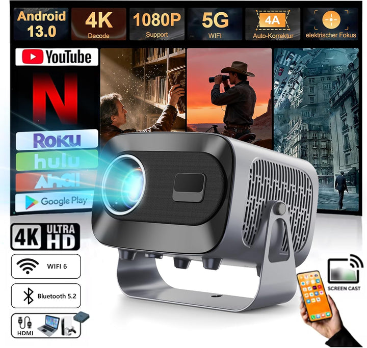 Mini Smart Beamer 4K Heimkino, Unterstützt 1080P, Tragbarer Projektor mit WiFi 6 und Bluetooth 5, El