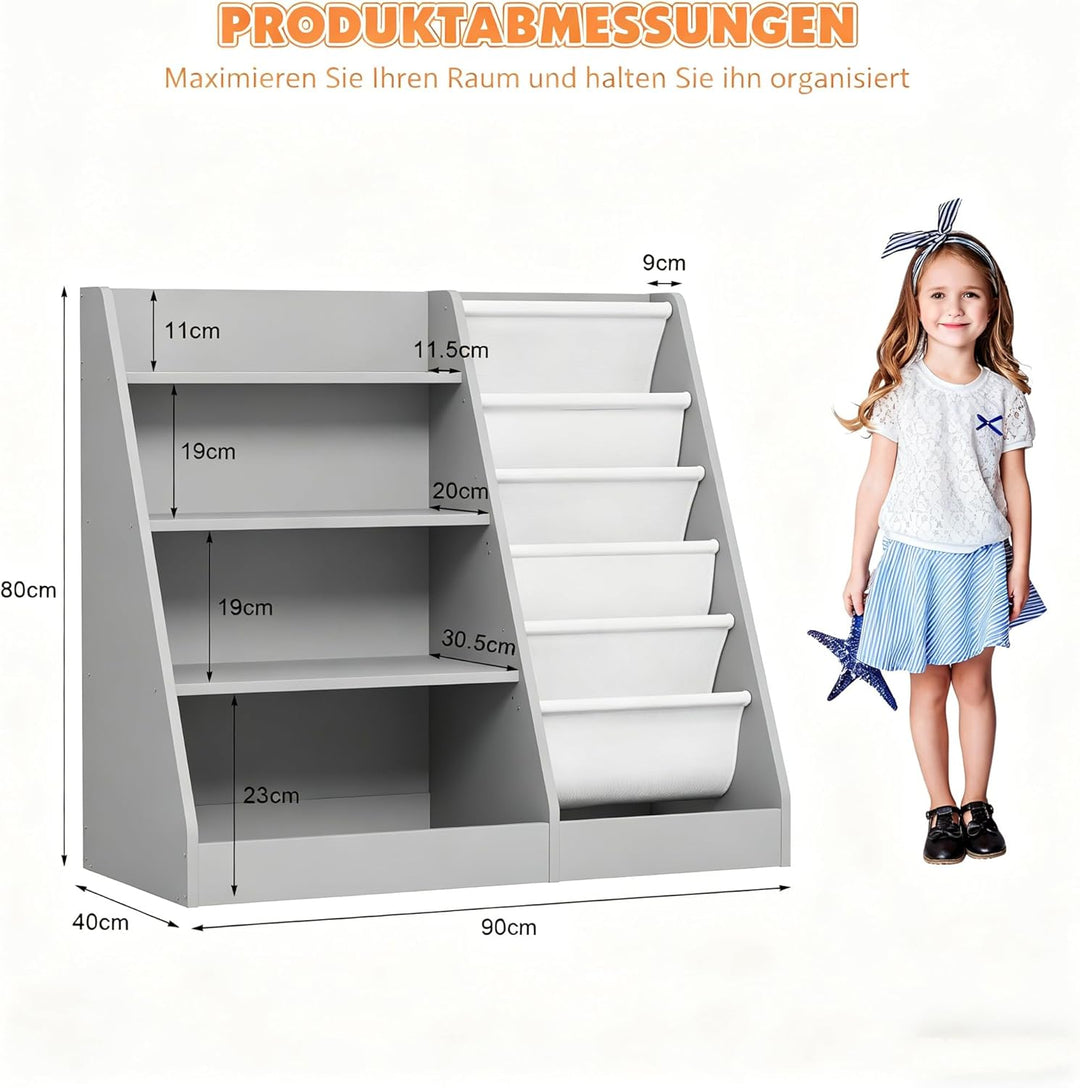 Kinderregal Bücherregal für Kinder 90x40x80cm, mit 5 Ablage und 4 offenen Fächern, Holz, Spielzeugre