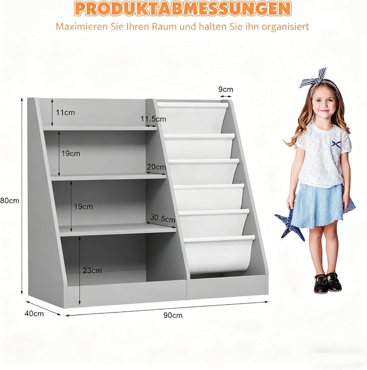 Kinderregal Bücherregal für Kinder 90x40x80cm, mit 5 Ablage und 4 offenen Fächern, Holz, Spielzeugre