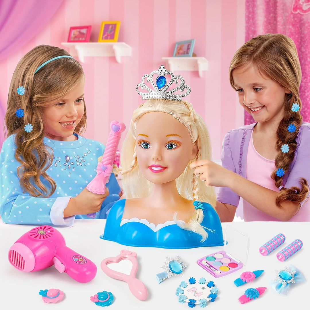 52PCS Schminkpuppe Frisierkopf Kinder Puppenkopf mit Krone Haartrockner Glätteisen Haarnadeln Schmin