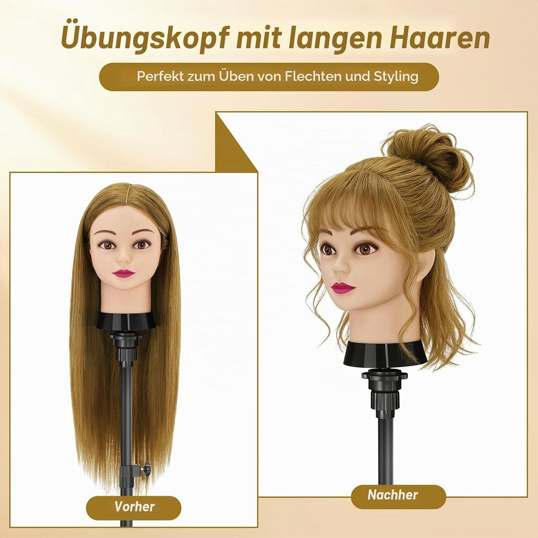 Frisierkopf,80% Puppenkopf Echthaar Blonden Haare,24 Zoll Puppe Übungskopf zum Frisieren,Trainingsko