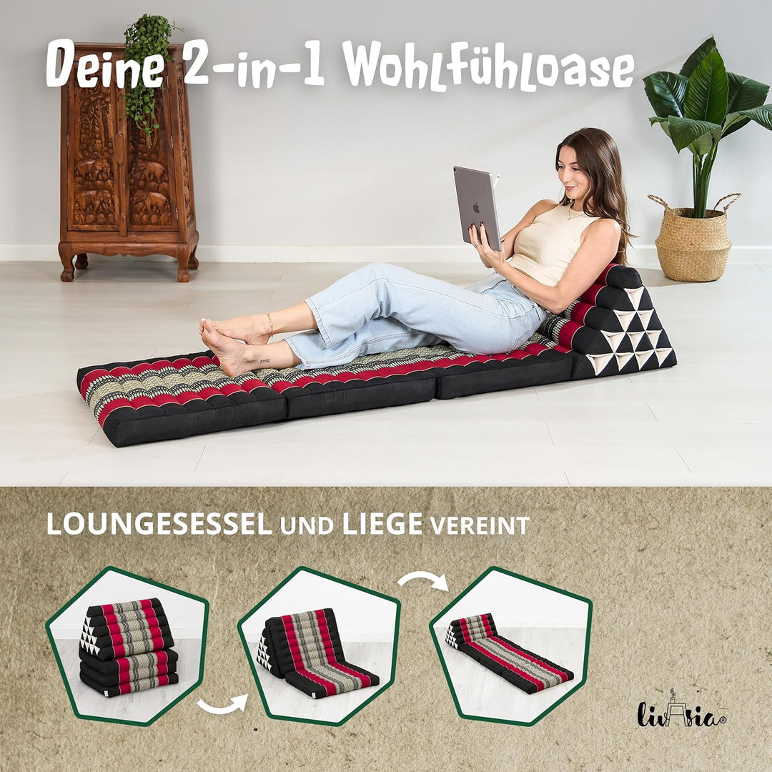 livasia Thaikissen 3 Auflagen extrahoch - 185x55x8cm - Dreieckskissen mit Klappmatratze, Kapok, Jumb