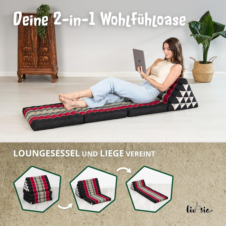 livasia Thaikissen 3 Auflagen extrahoch - 185x55x8cm - Dreieckskissen mit Klappmatratze, Kapok, Jumb