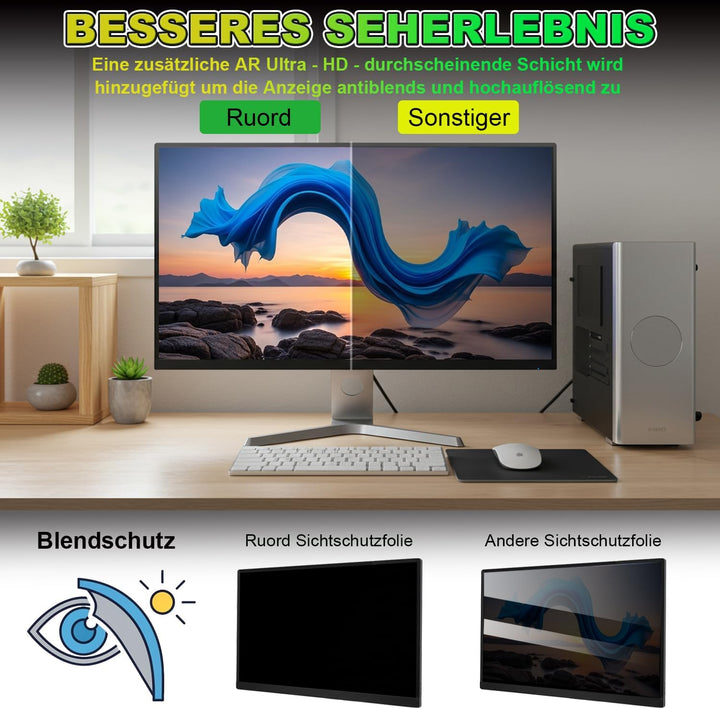 Magnetischer Sichtschutzfolie für 27 Zoll 16:9 Monitor | Blaulichtfilter &amp; Blendschutz, Abnehmbar Bl