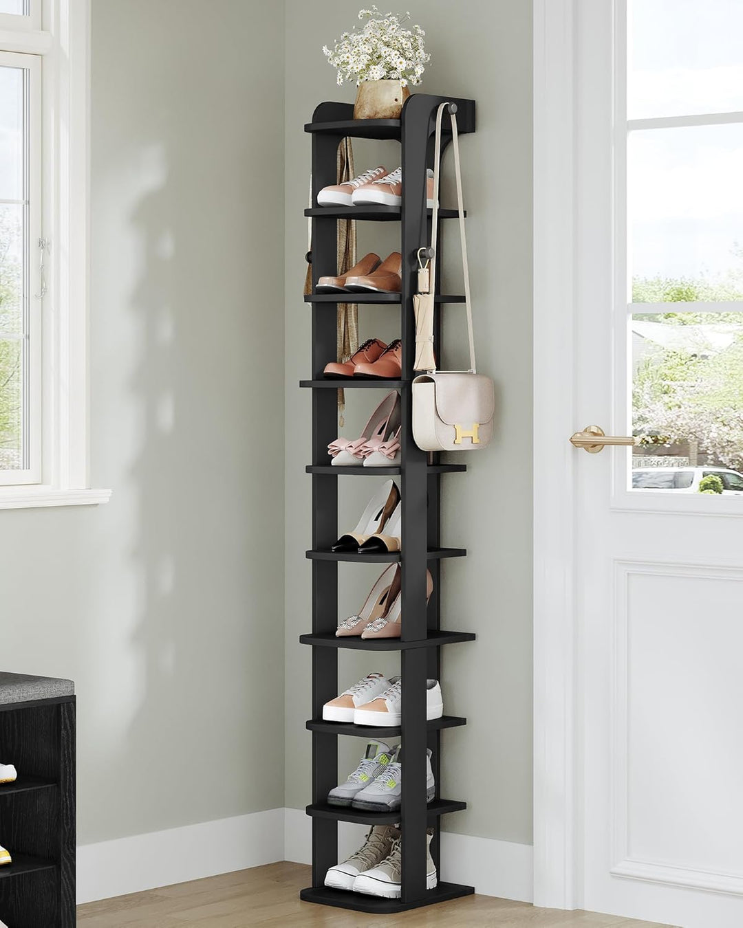Hzuaneri Schuhregal, Schuhablage mit 10 Ebenen, Holz-Schuh-Organizer mit Haken, Verstellbar, Platzsp
