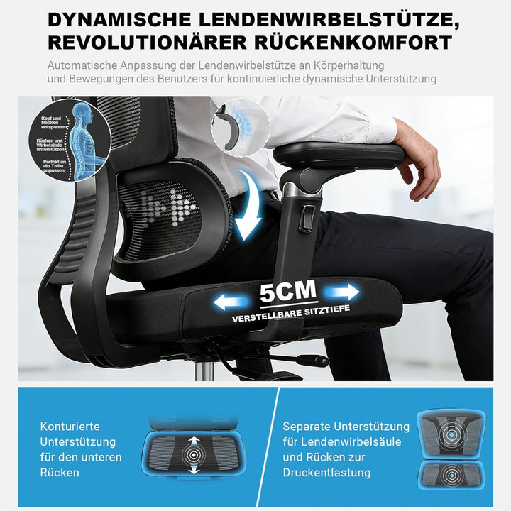 MELOKEA Bürostuhl Ergonomisch, 7D-Armlehnen, Verstellbare Sitztiefe, 4-Stufen Neigung, Gummirollen,