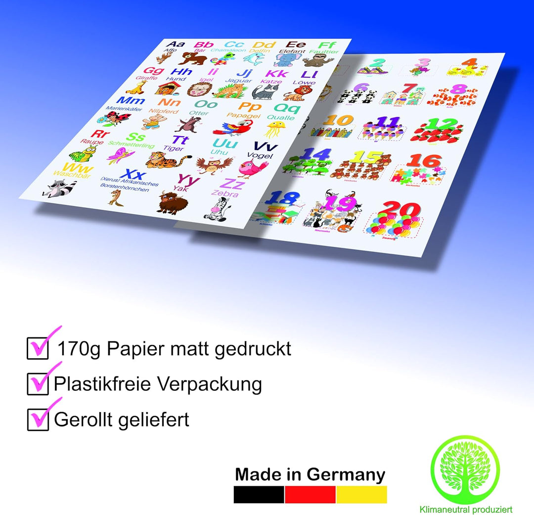 ABC Poster und Zahlen Lernposter DinA2 Set für Grundschüler - Alphabet und Zahlen von 1 bis 20 Lerne