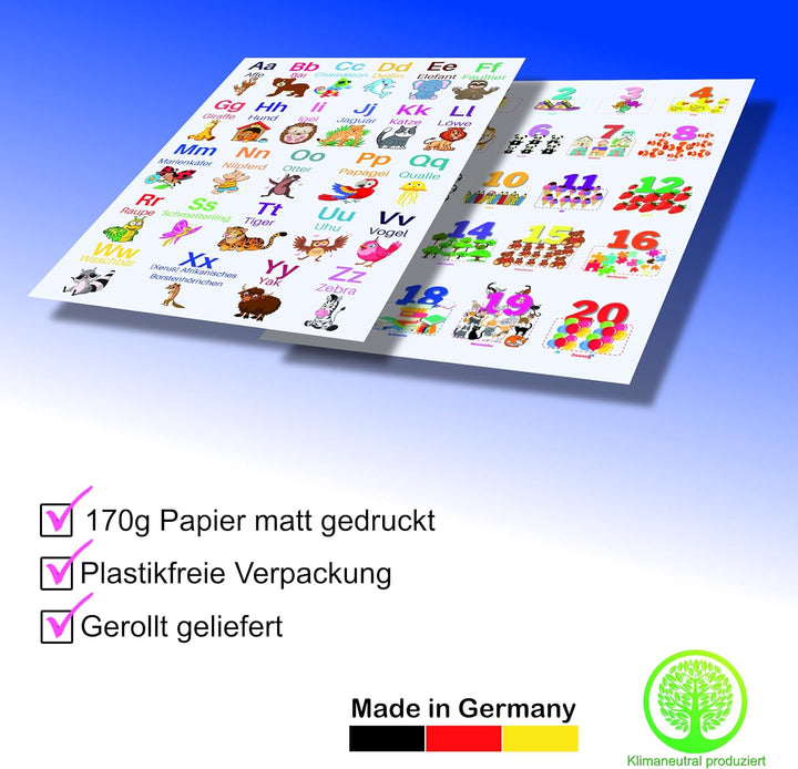 ABC Poster und Zahlen Lernposter DinA2 Set für Grundschüler - Alphabet und Zahlen von 1 bis 20 Lerne
