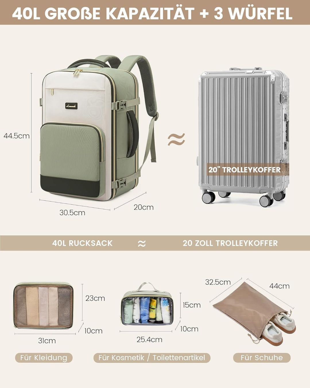 LOVEVOOK Handgepäck Rucksack, 17.3 Zoll Rucksack Handgepäck Flugzeug, Gross Reiserucksack Damen Spri