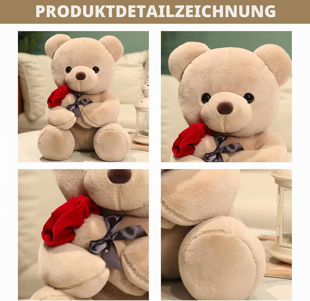 Bocguy Teddybär Plüsch, 23cm Teddybär mit Rose, Stofftier Spielzeug Dekozimmer Kissen für Weihnachte