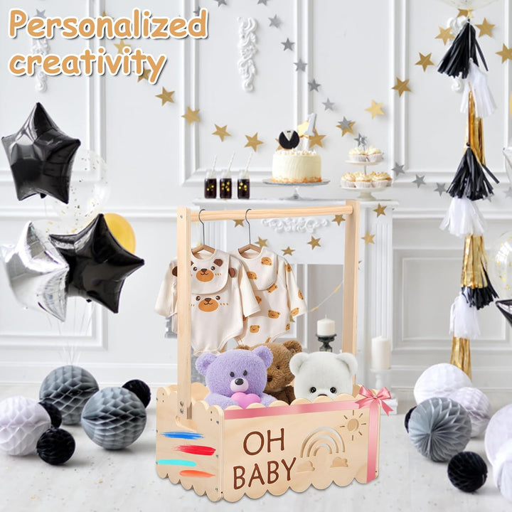 Babyparty Geschenk mit Griff,Holz Babyparty Kiste,34 * 22.8 * 17.5cm,Baby Aufbewahrungskorb,Dekorati