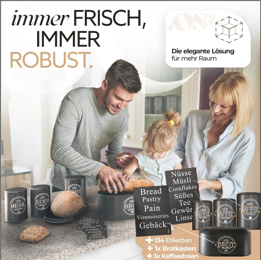 IDEALTASTIC® Premium Brotkasten 4er Set, Zuckerdose, Mehl Aufbewahrung & Kaffeedose luftdicht, Brotb
