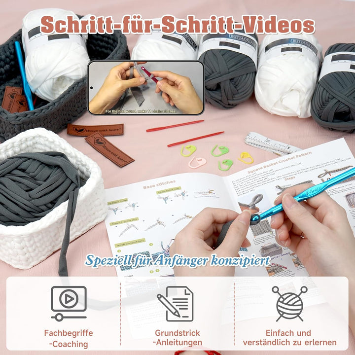 OSTWOLKE Häkelset für Anfänger, Komplettes Häkel Set, Korb Crochet Set mit Häkelnadel & Textilgarn &
