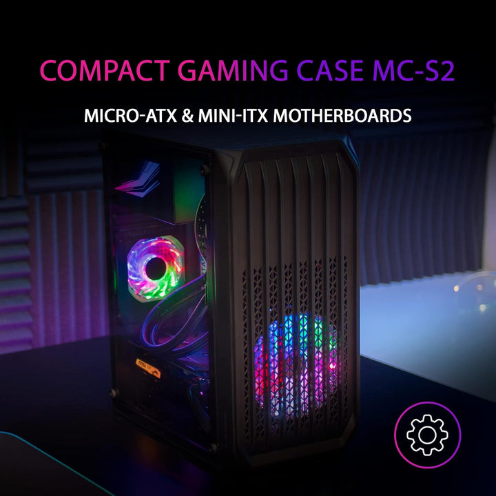 MarsGaming MC-S2 Schwarz, Kompaktes Micro-ATX Gaming PC-Gehäuse, 2 FRGB Rainbow-Lüfter mit Frontgitt