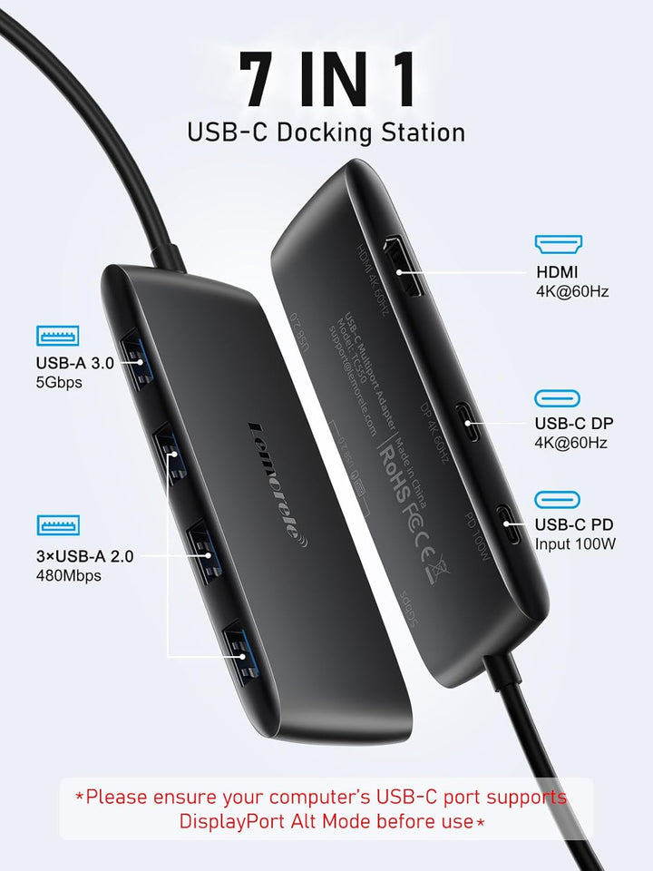 Lemorele Docking Station Dual Monitor,7-in-1 USB C Hub with HDMI +USB C DP Adapter 4K@60Hz, 3 USB 3.