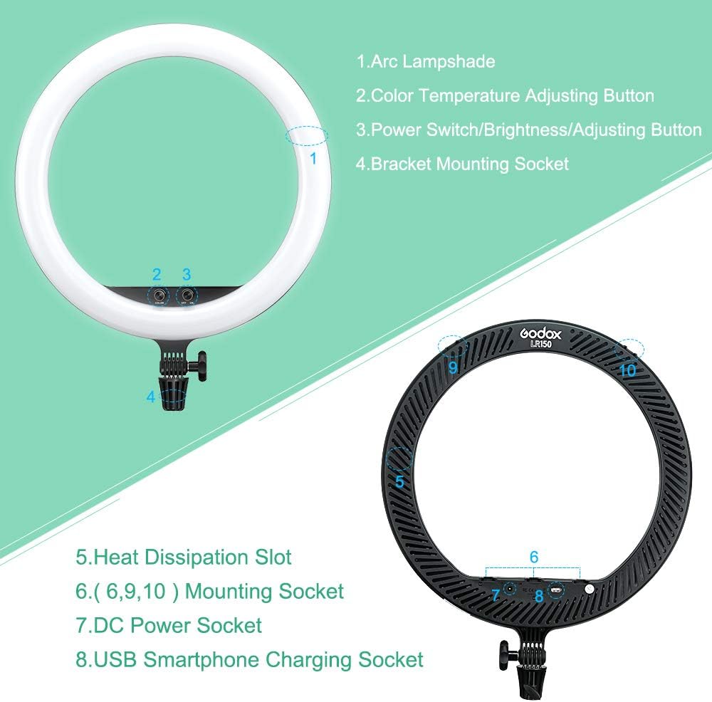Godox LR150 LED-Ringlicht-Kit 18 Zoll 38W zweifarbig 3000K-6000K Selfie-Ringlicht Diammable CRI 90+,