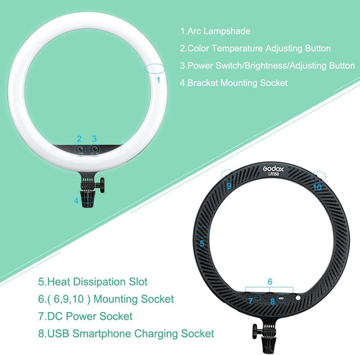 Godox LR150 LED-Ringlicht-Kit 18 Zoll 38W zweifarbig 3000K-6000K Selfie-Ringlicht Diammable CRI 90+,