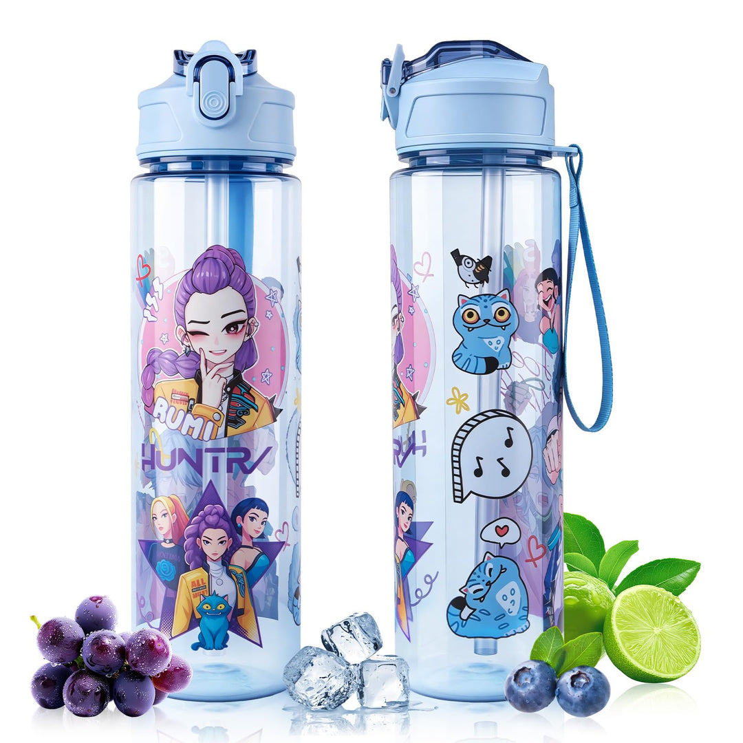 Trinkflasche 700 ml, mit Strohhalm – auslaufsicher & BPA-frei – doppelseitiges Cartoon Motiv, bruchf