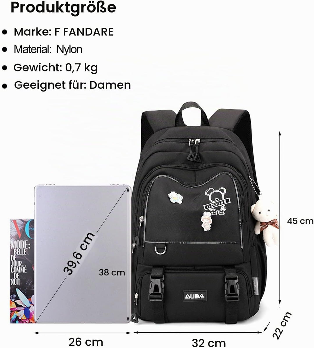 FANDARE Schulrucksack Schulrucksack Kinderrucksack Schultasche Jungen Mädchen Rucksack Schulranzen f