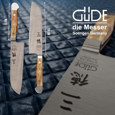 GÜDE Solingen - Santoku Messer geschmiedet, 18 cm, Olivenholz, ALPHA OLIVE, Doppelkropf, Handmade Ge