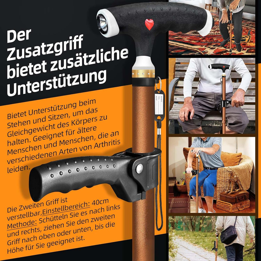 Verstellbarer Gehstock für Herren und Damen Doppelgriff Verstellbarer, Gehstock mit LED-Licht, gehst