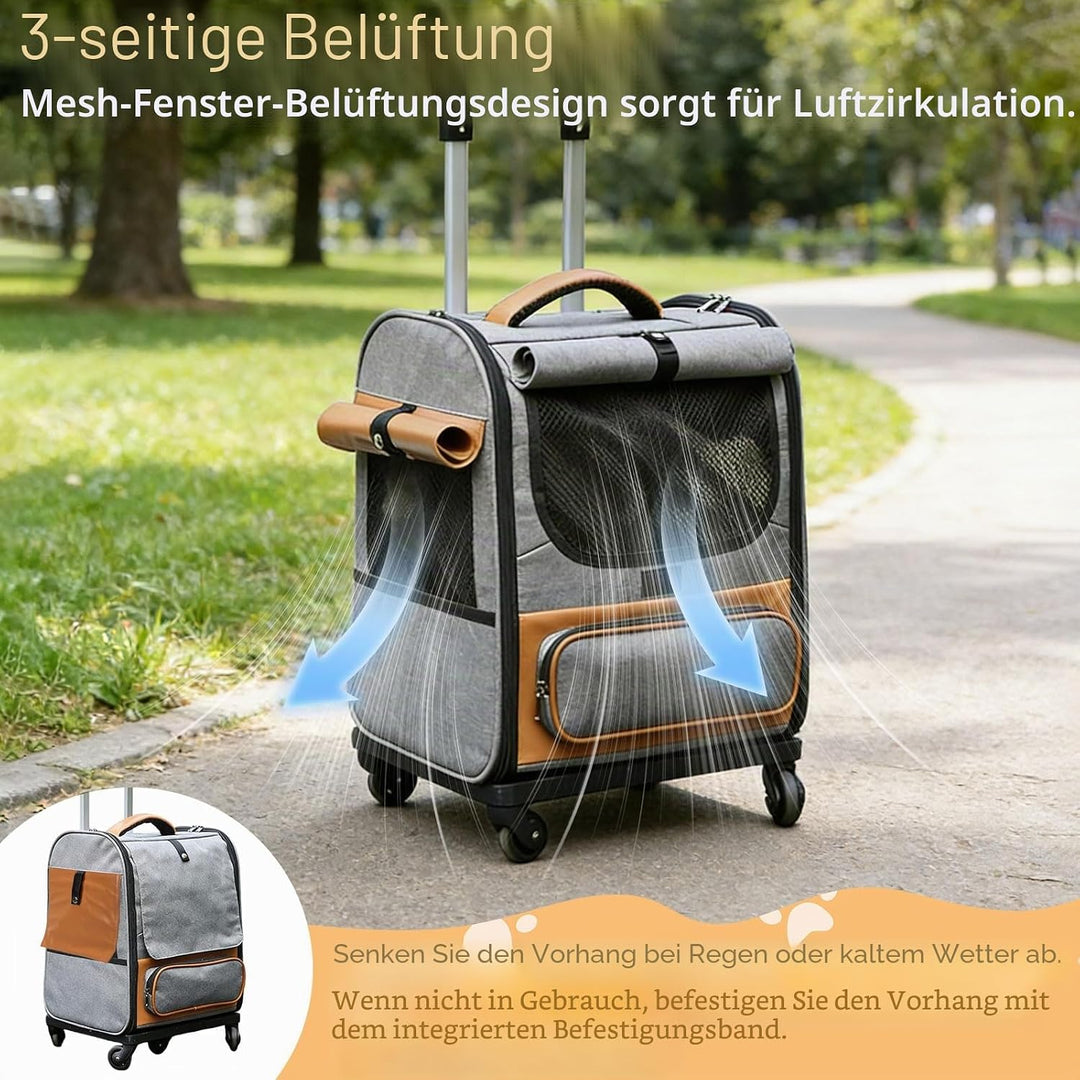 3-in-1 Katzenrucksack mit Rädern, Abnehmbaren Hunderucksack mit Sonnenschutzrollos, Belüftetes Desig
