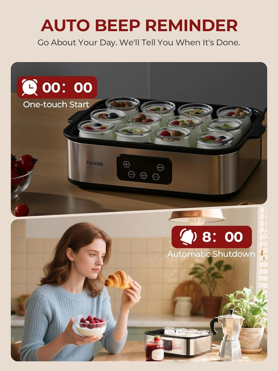 FOHERE Joghurtbereiter 25W inkl. 12 Glasbehälter à 180 ml für bis 2,16L Selbstgemachten Joghurt, Gri