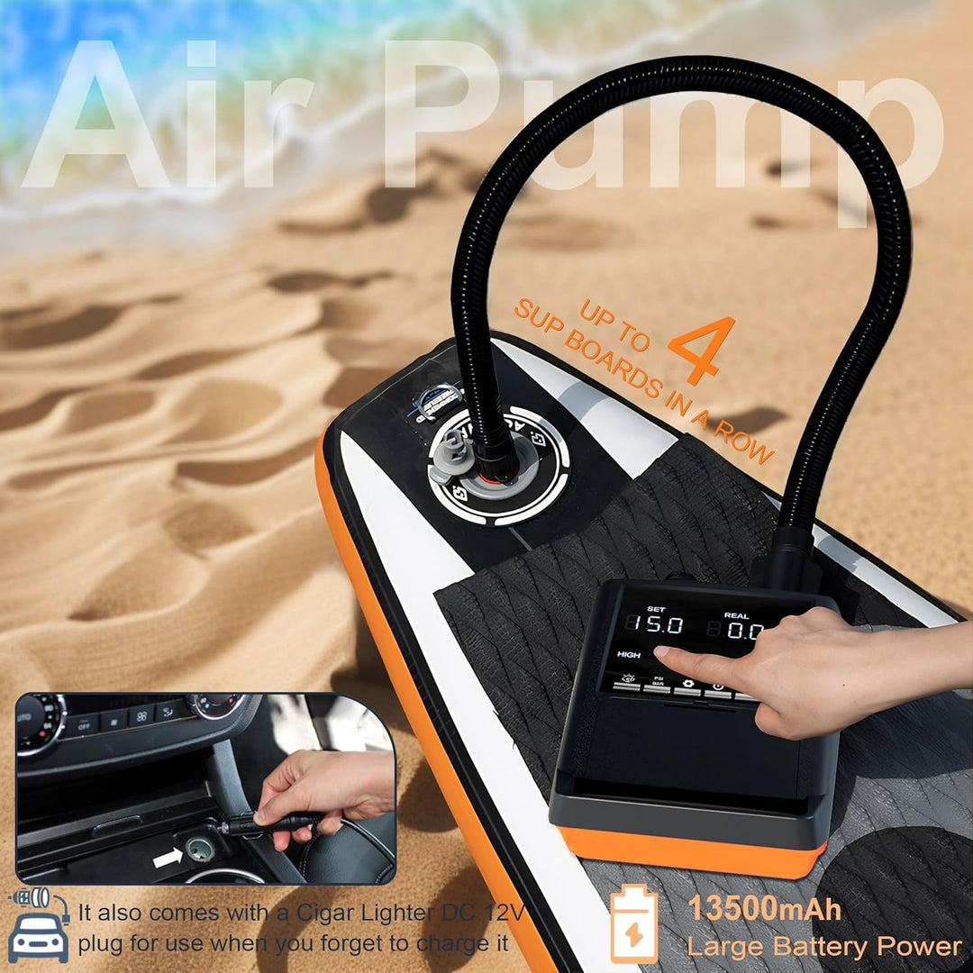 Mojimdo Elektrische SUP Pumpe 20 PSI, Wiederaufladbare Luftpumpe, Auto-Off, 12V DC & Typ-C, mit 6 Dü