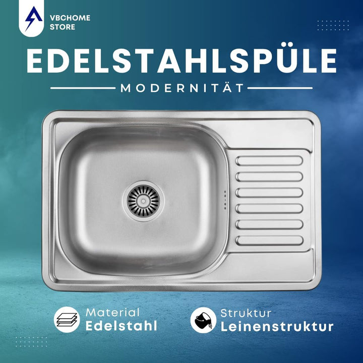 VBChome Einbauspüle 66x42 Leinenstruktur Edelstahl Ohne Hahnloch Küchenspüle Reversibel Spüle Ablage