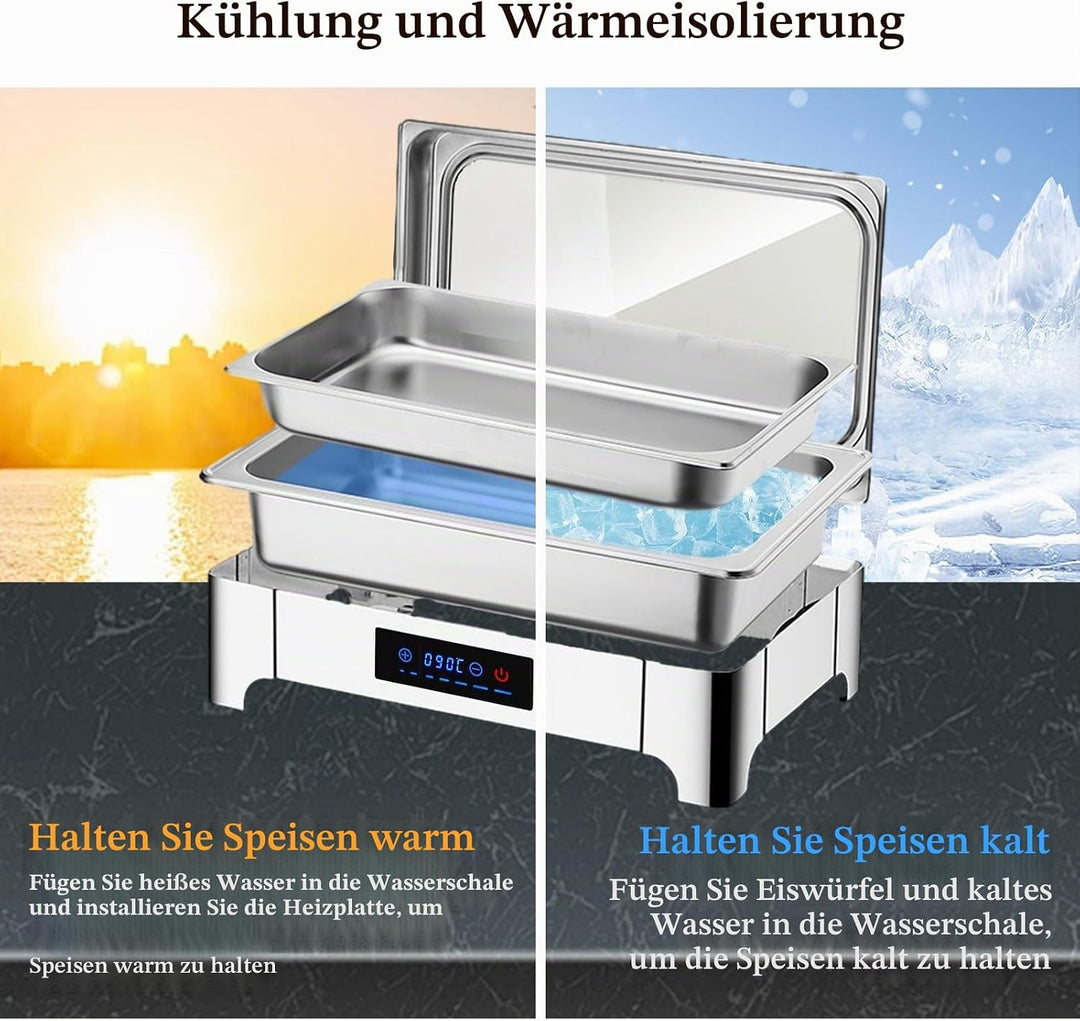 Chafing Dish Elektrisch, 9L Edelstahl Speisewärmer Buffetwärmer Einstellbare Temperatur, Warmhaltebe