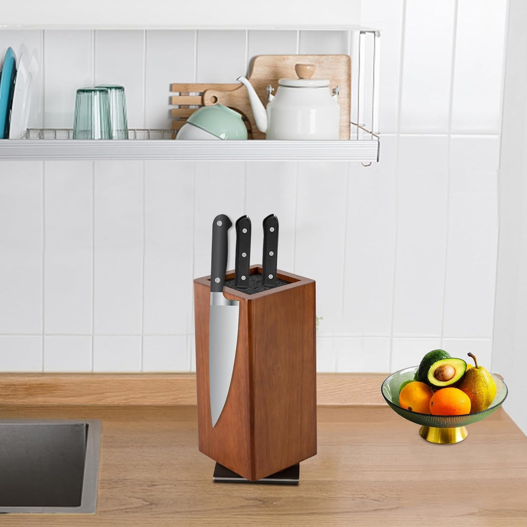 360° drehbarer Messerblock Magnetisch, Küchenmesser Organizer aus Akazienholz für Messer und Utensil