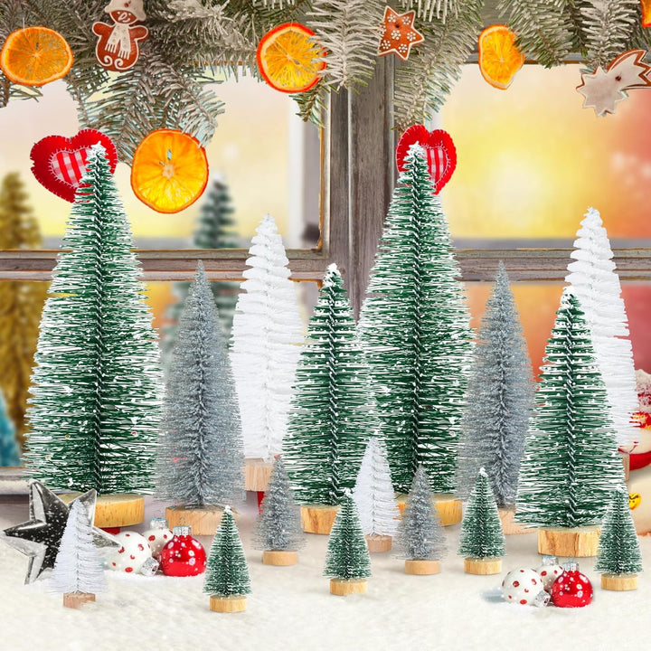 16 Stück Mini Tannenbaum Deko Klein Weihnachtsbaum Grün Silber Weiss, Künstlich Miniatur Weihnachtsb